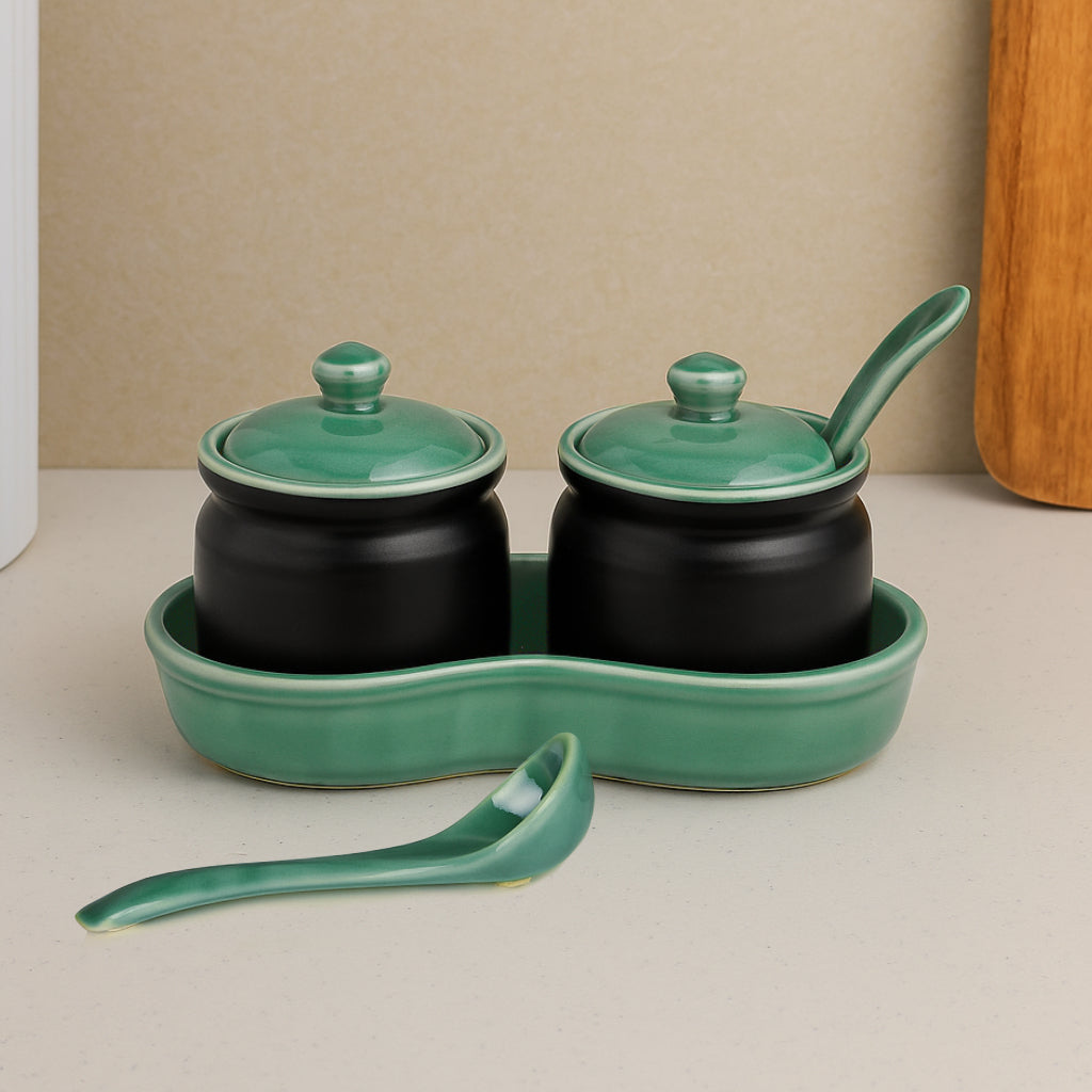 Studio Pottery Ceramic Pickle Jar Set with Tray & Spoon (Set of 2, Black and Green, 250 ml each) - View 4