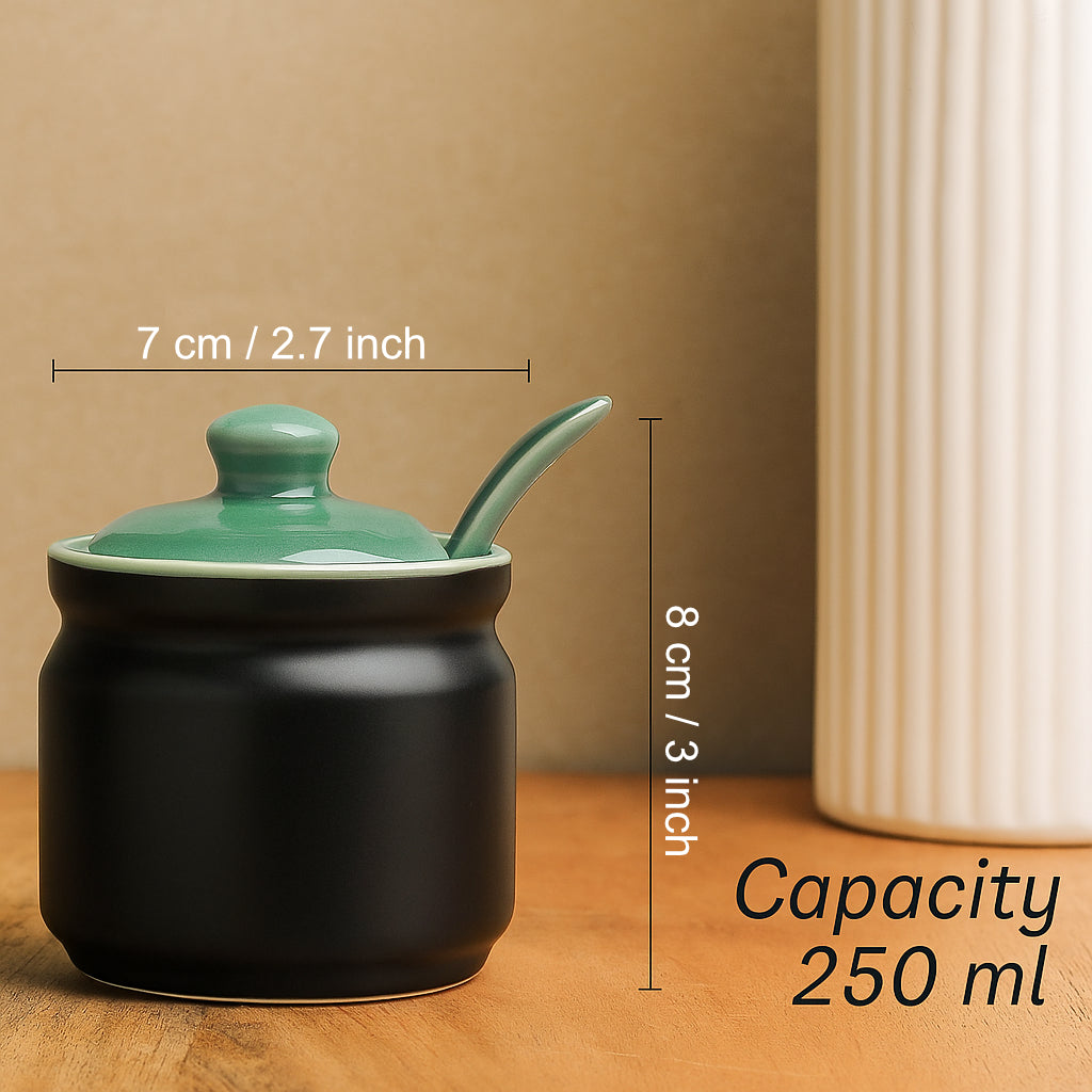 Studio Pottery Ceramic Pickle Jar Set with Tray & Spoon (Set of 2, Black and Green, 250 ml each) - View 2