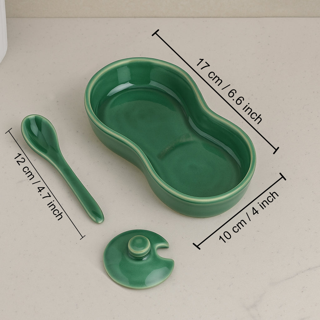 Studio Pottery Ceramic Pickle Jar Set with Tray & Spoon (Set of 2, Black and Green, 250 ml each) - View 5