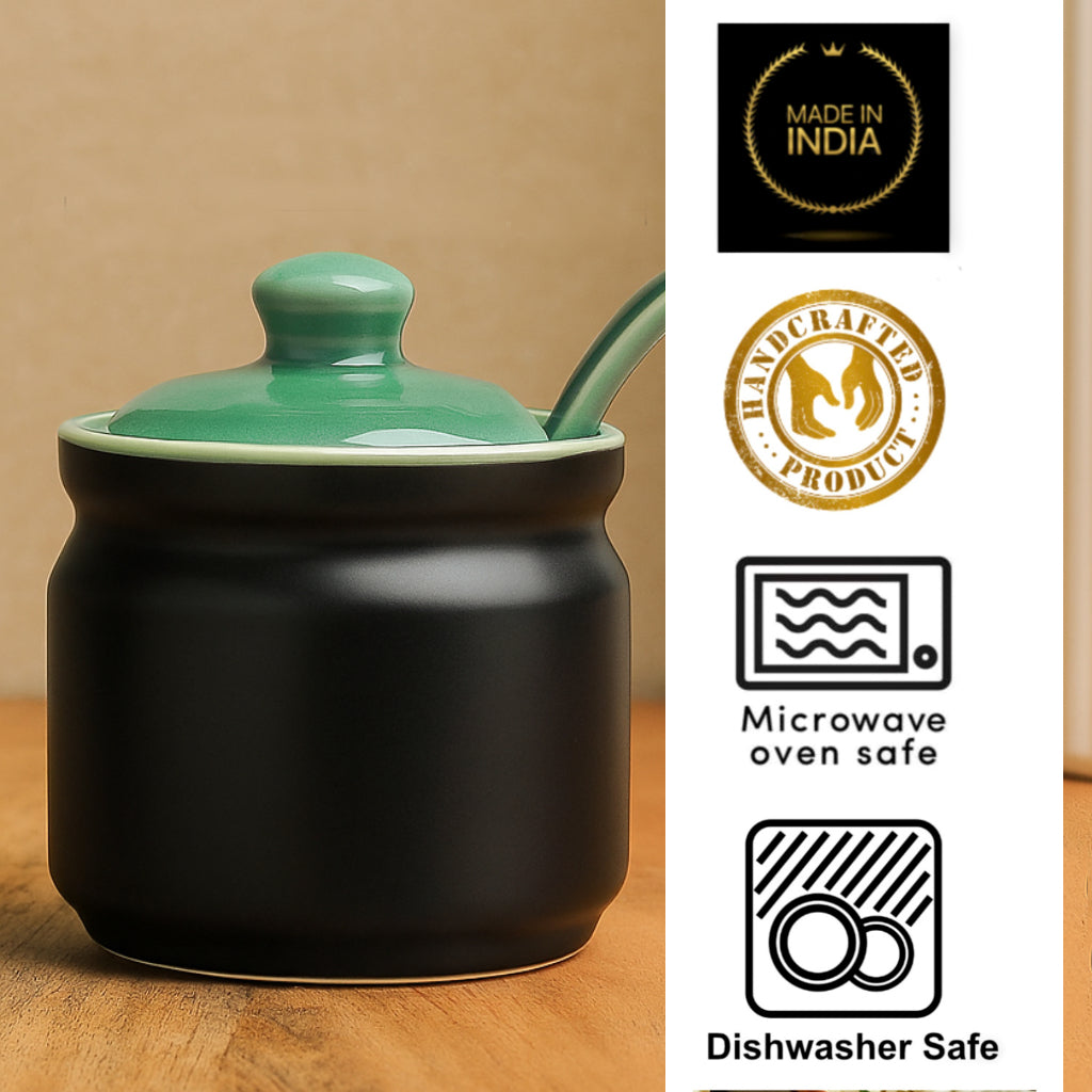 Studio Pottery Ceramic Pickle Jar Set with Tray & Spoon (Set of 2, Black and Green, 250 ml each) - View 6