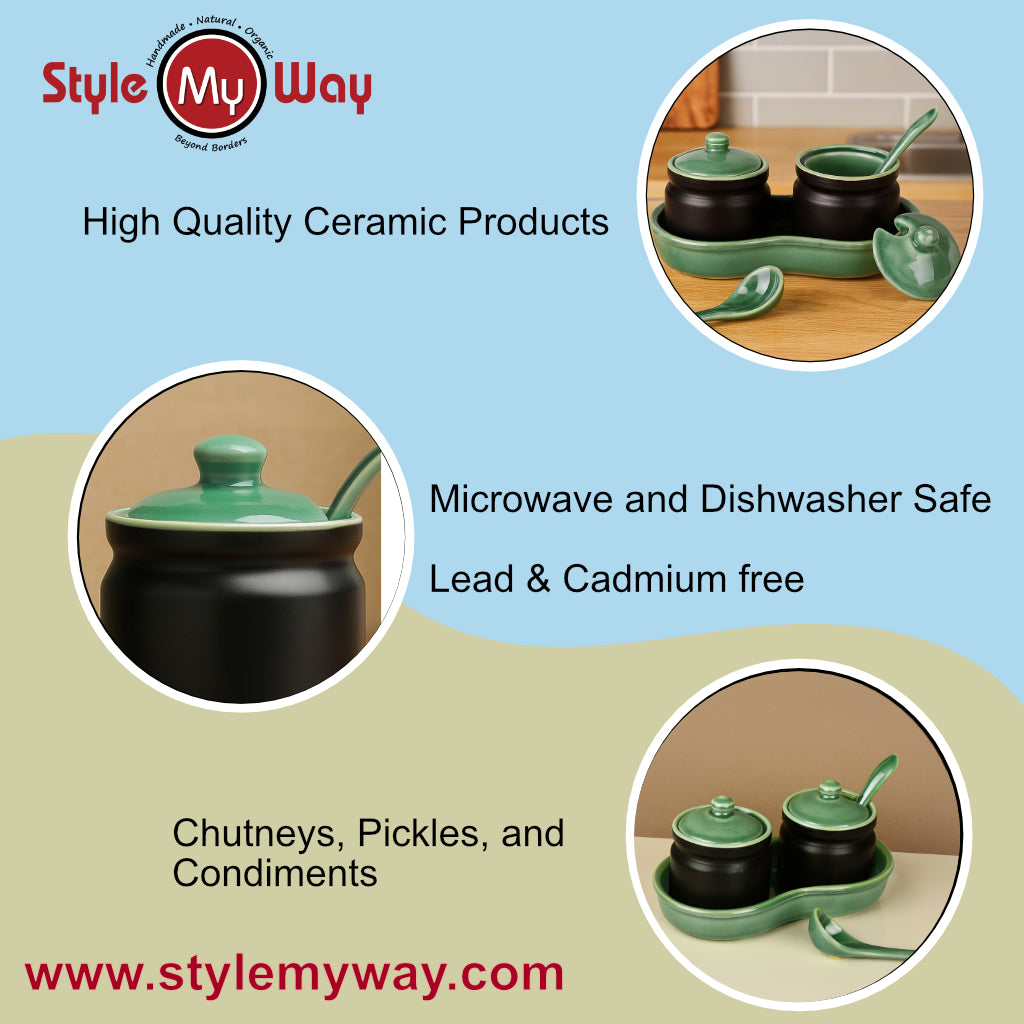 Studio Pottery Ceramic Pickle Jar Set with Tray & Spoon (Set of 2, Black and Green, 250 ml each) - View 7