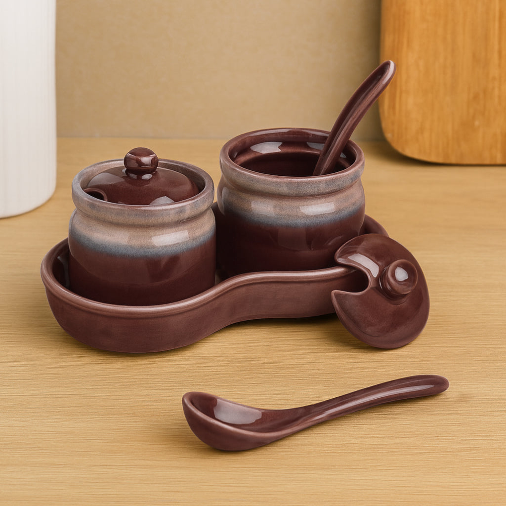 Studio Pottery Ceramic Pickle Jar Set with Tray & Spoon (Set of 2, Brown and Beige, 250 ml each)
