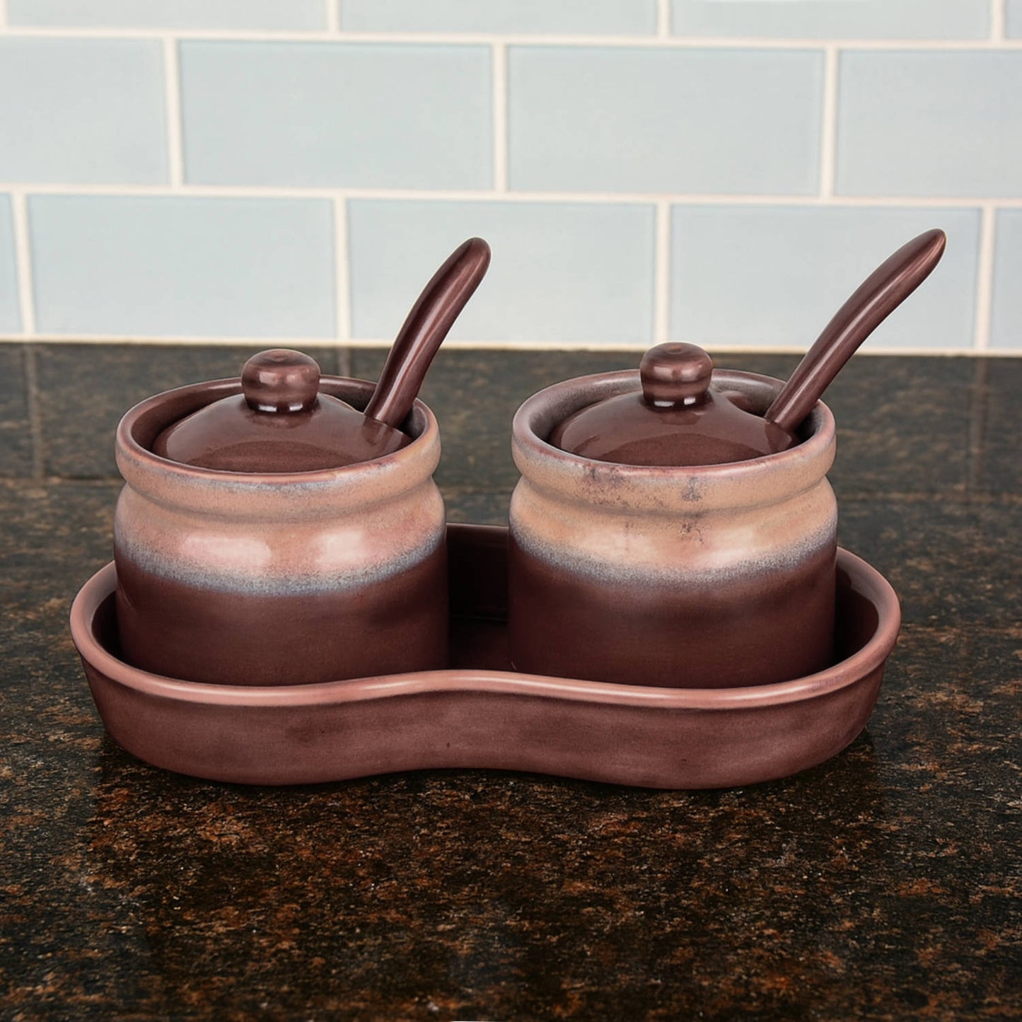 Studio Pottery Ceramic Pickle Jar Set with Tray & Spoon (Set of 2, Brown and Beige, 250 ml each) - View 3