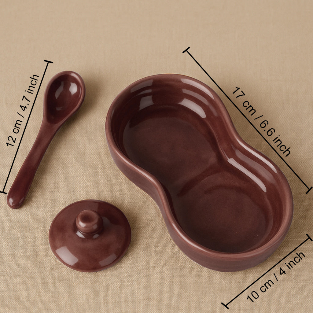 Studio Pottery Ceramic Pickle Jar Set with Tray & Spoon (Set of 2, Brown and Beige, 250 ml each) - View 4