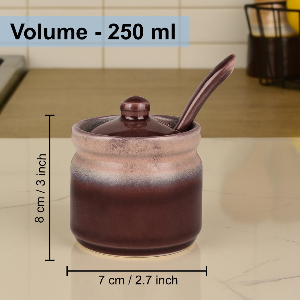 Studio Pottery Ceramic Pickle Jar Set with Tray & Spoon (Set of 2, Brown and Beige, 250 ml each) - View 2