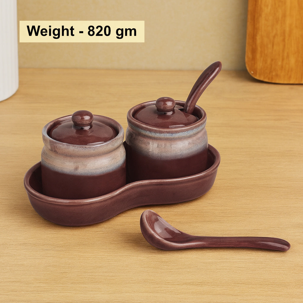 Studio Pottery Ceramic Pickle Jar Set with Tray & Spoon (Set of 2, Brown and Beige, 250 ml each) - View 5