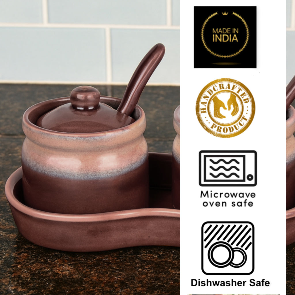 Studio Pottery Ceramic Pickle Jar Set with Tray & Spoon (Set of 2, Brown and Beige, 250 ml each) - View 6