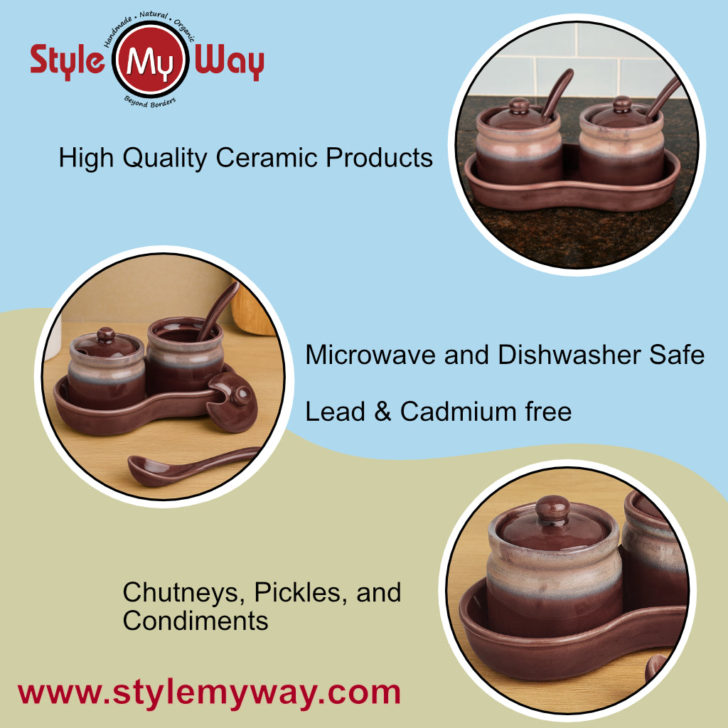 Studio Pottery Ceramic Pickle Jar Set with Tray & Spoon (Set of 2, Brown and Beige, 250 ml each) - View 7