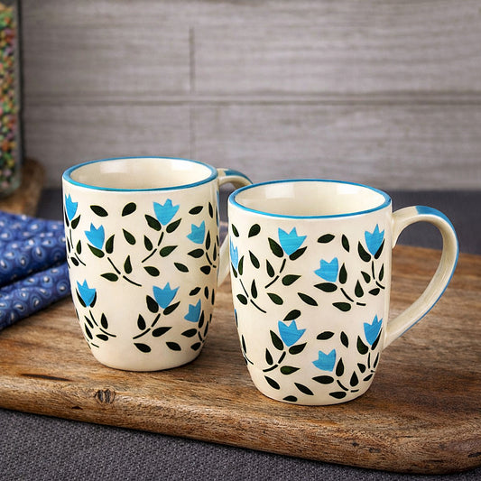 Hand Painted Ceramic Jumbo Coffee Mugs (450 ml, Blue & Black Floral, Set of 2)