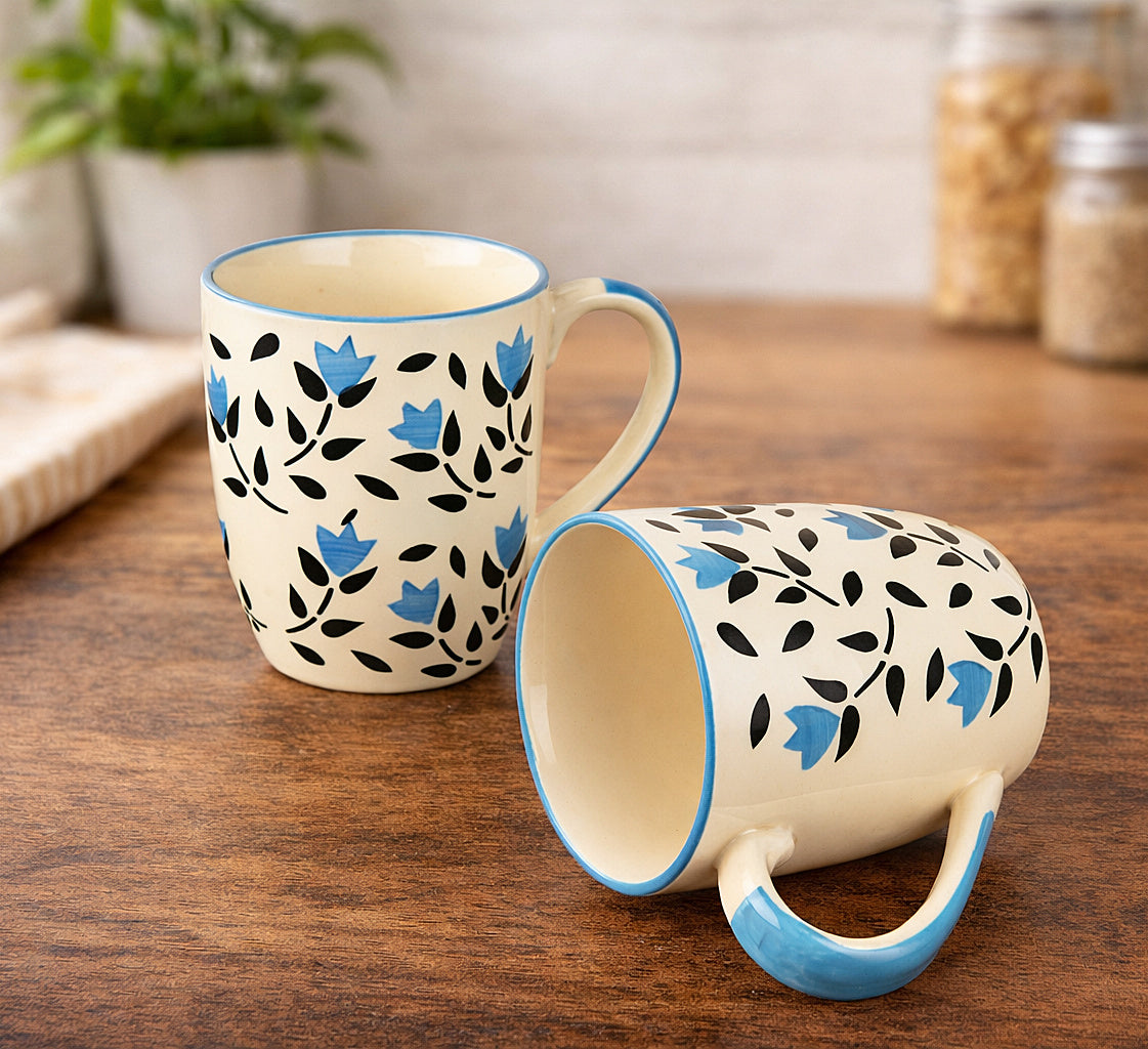 Hand Painted Ceramic Jumbo Coffee Mugs (450 ml, Blue & Black Floral, Set of 2) - View 3