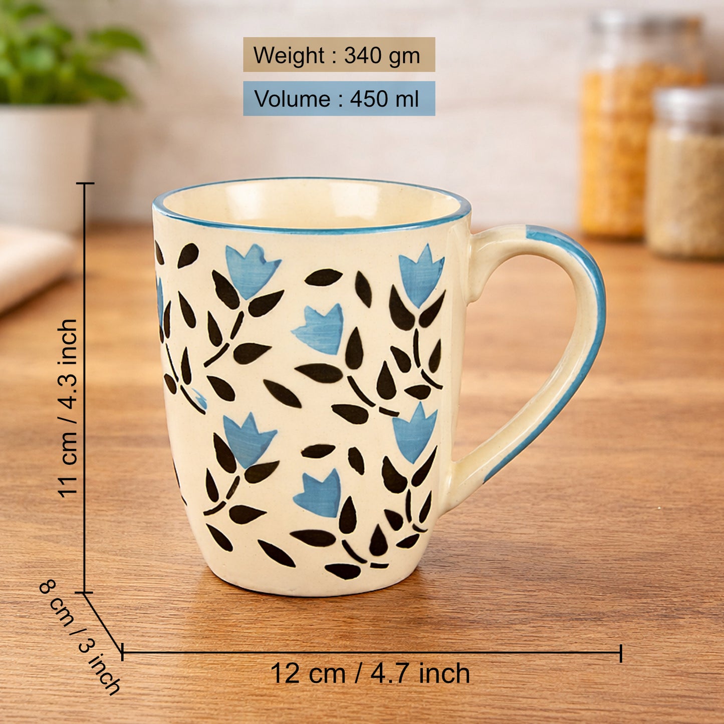 Hand Painted Ceramic Jumbo Coffee Mugs (450 ml, Blue & Black Floral, Set of 2) - View 2