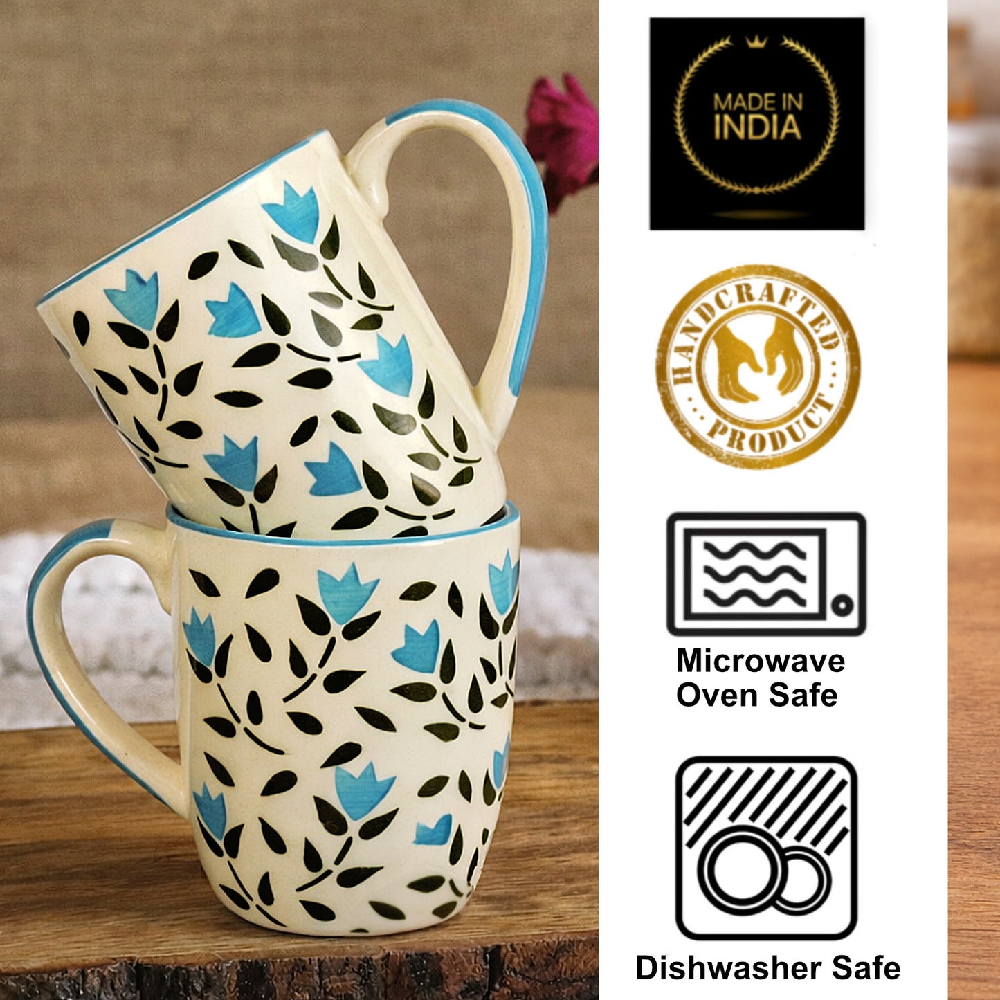 Hand Painted Ceramic Jumbo Coffee Mugs (450 ml, Blue & Black Floral, Set of 2) - View 4