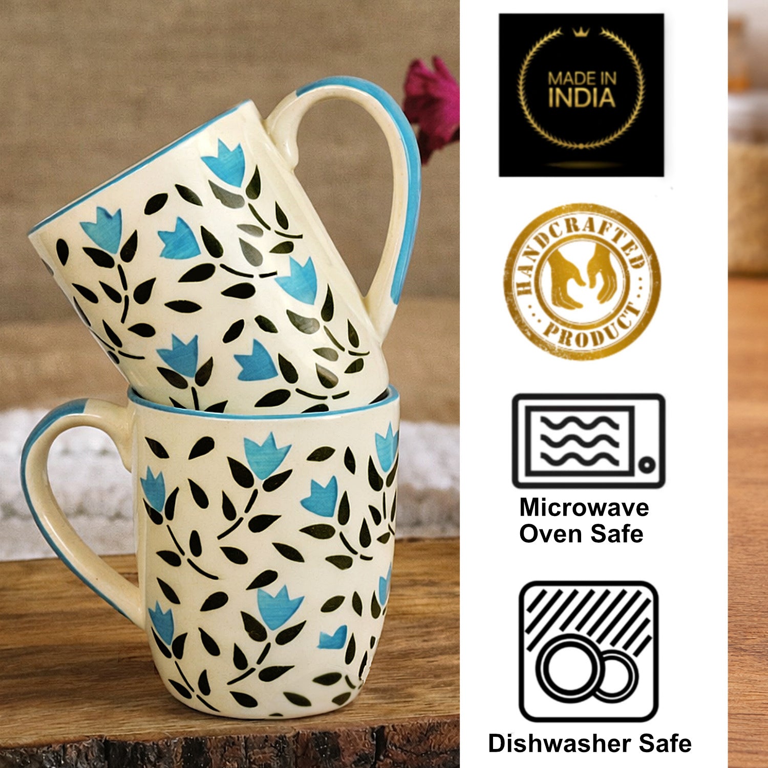 Hand Painted Ceramic Jumbo Coffee Mugs (450 ml, Blue & Black Floral, Set of 2) - View 4