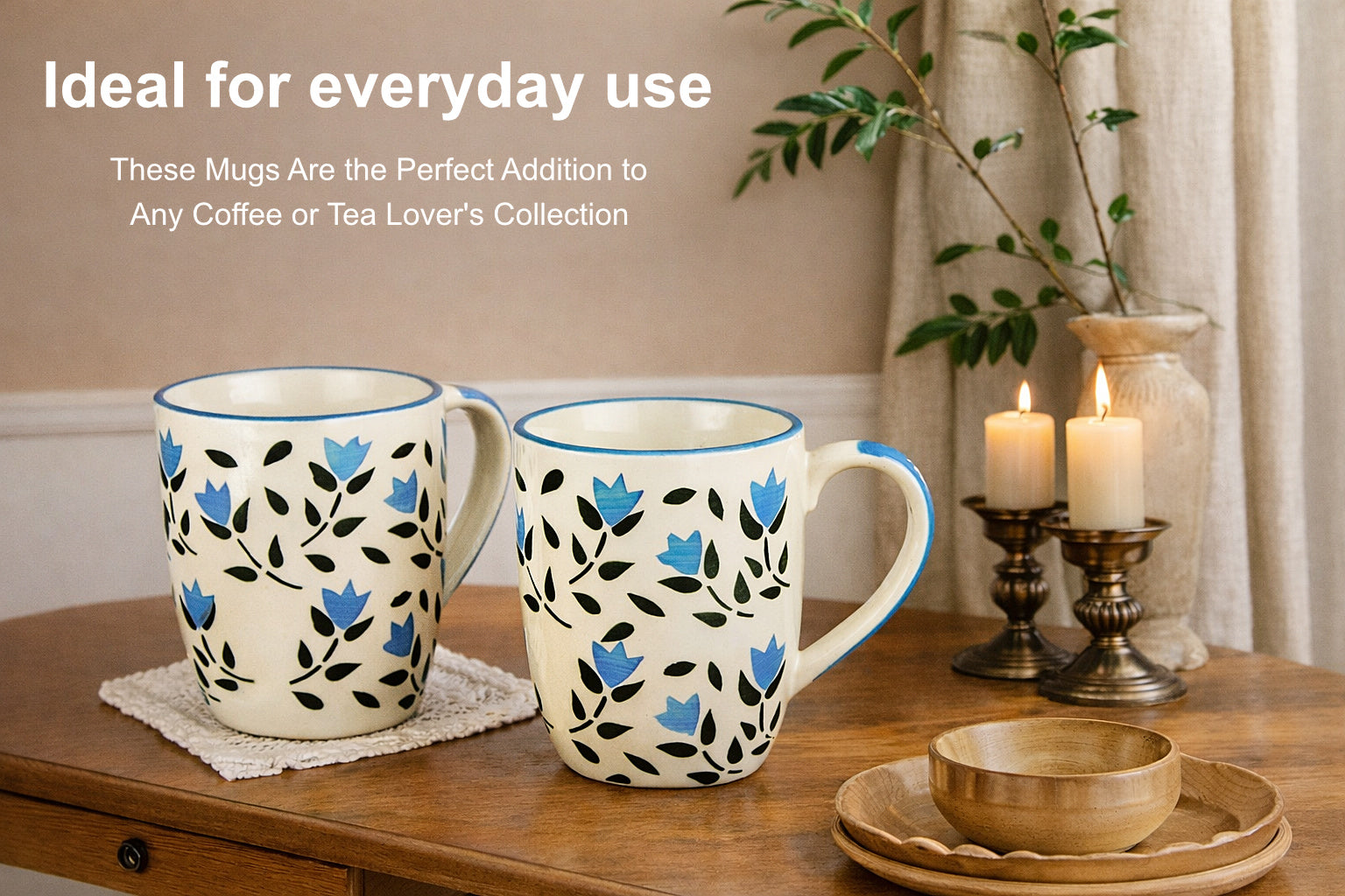 Hand Painted Ceramic Jumbo Coffee Mugs (450 ml, Blue & Black Floral, Set of 2) - View 5