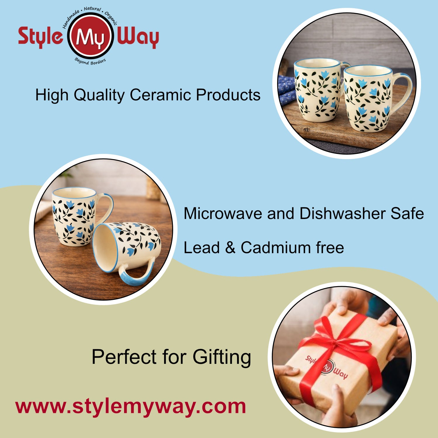 Hand Painted Ceramic Jumbo Coffee Mugs (450 ml, Blue & Black Floral, Set of 2) - View 6