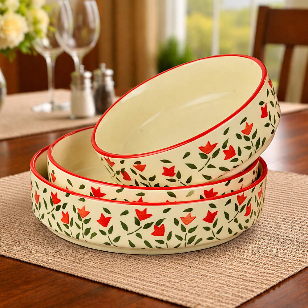 Hand-Painted Ceramic Salad Serving Trays (Set of 3, Red & Green, Diameter – 19 cm, 17 cm & 15 cm)