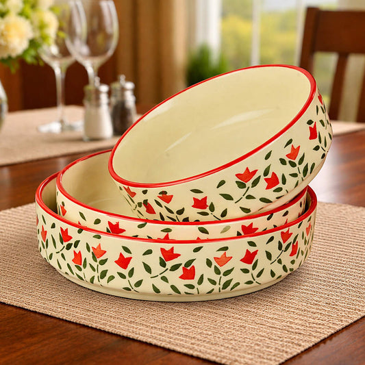 Hand-Painted Ceramic Salad Serving Trays (Set of 3, Red & Green, Diameter – 19 cm, 17 cm & 15 cm)