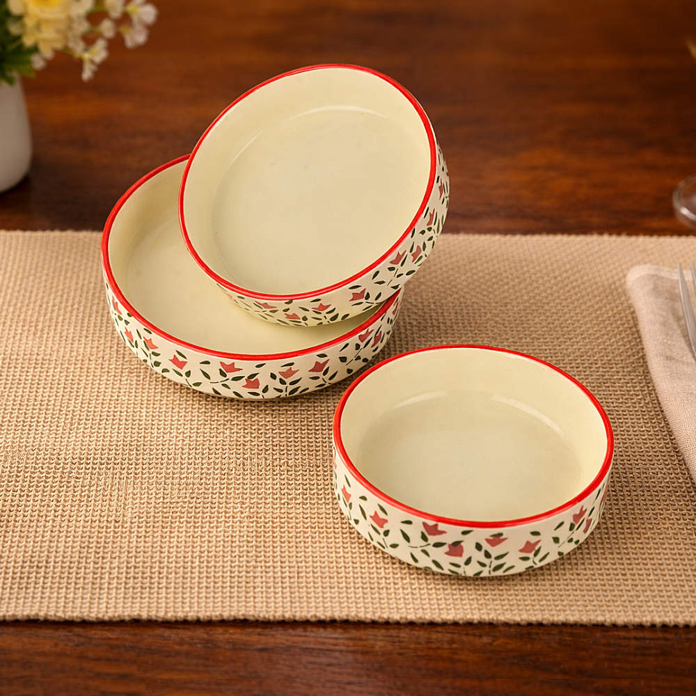 Hand-Painted Ceramic Salad Serving Trays (Set of 3, Red & Green, Diameter – 19 cm, 17 cm & 15 cm) - View 3