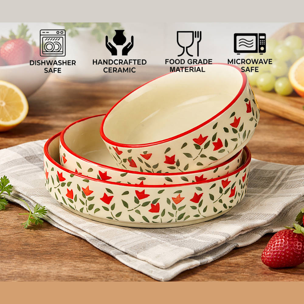 Hand-Painted Ceramic Salad Serving Trays (Set of 3, Red & Green, Diameter – 19 cm, 17 cm & 15 cm) - View 4