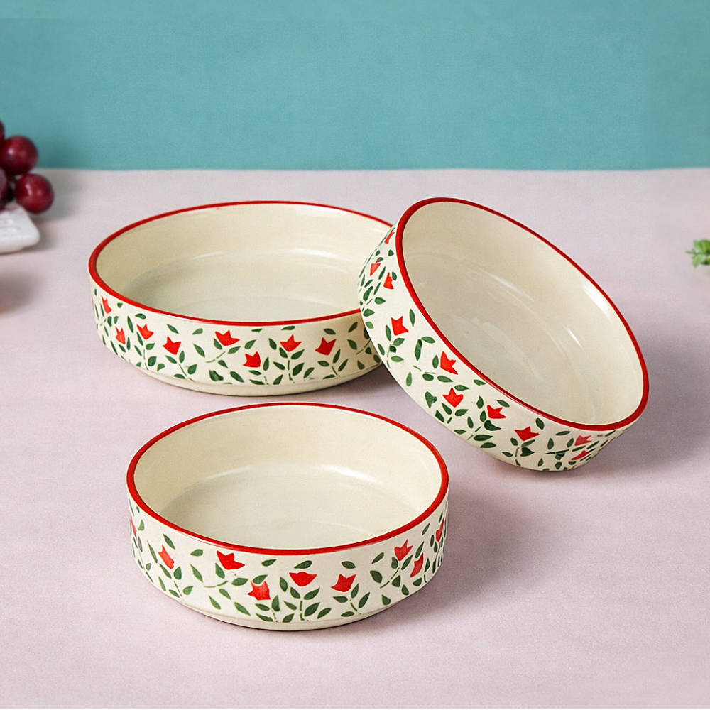 Hand-Painted Ceramic Salad Serving Trays (Set of 3, Red & Green, Diameter – 19 cm, 17 cm & 15 cm) - View 5