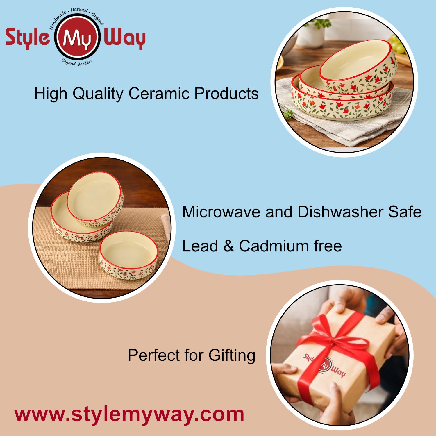 Hand-Painted Ceramic Salad Serving Trays (Set of 3, Red & Green, Diameter – 19 cm, 17 cm & 15 cm) - View 6