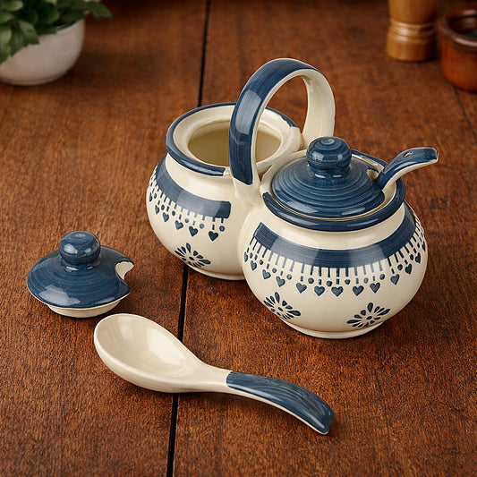 Hand Painted Rounded Ceramic Pickle Jar Set with Lid & Spoon (White & Grey )