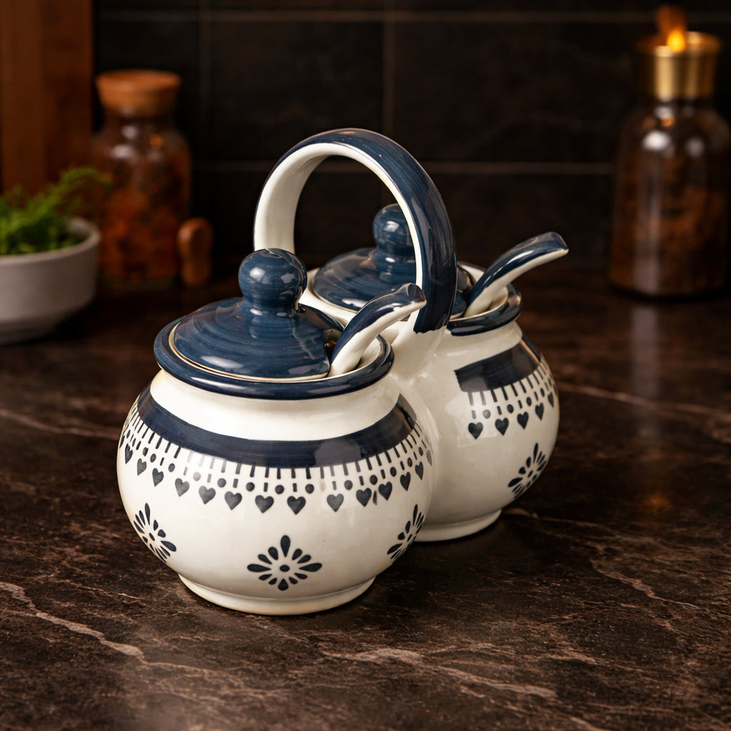 Hand Painted Rounded Ceramic Pickle Jar Set with Lid & Spoon (White & Grey ) - View 3