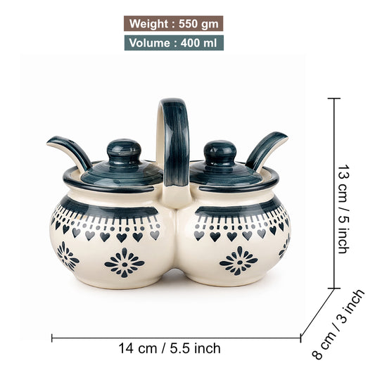 Hand Painted Rounded Ceramic Pickle Jar Set with Lid & Spoon (White & Grey ) - View 2