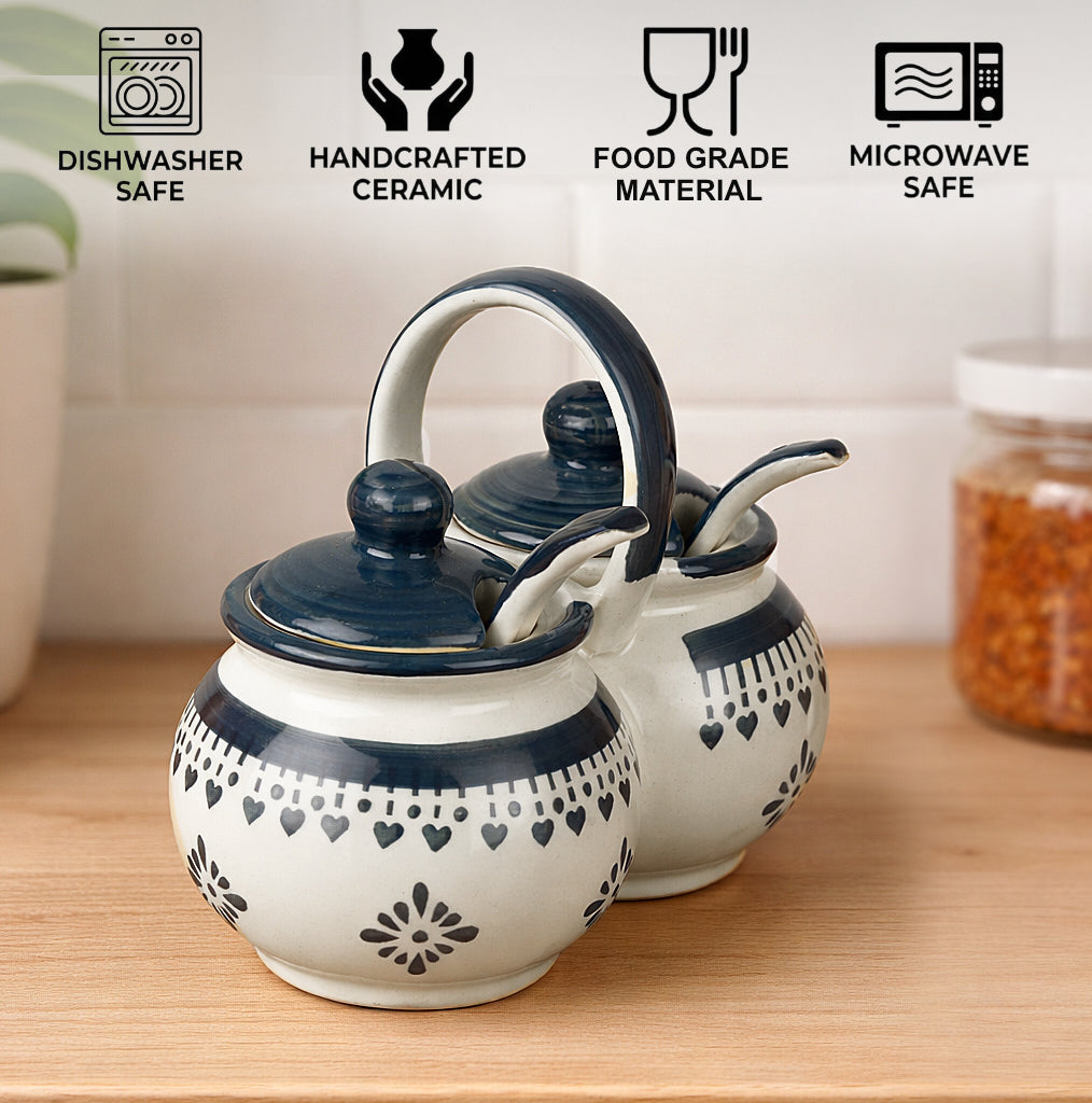 Hand Painted Rounded Ceramic Pickle Jar Set with Lid & Spoon (White & Grey ) - View 4