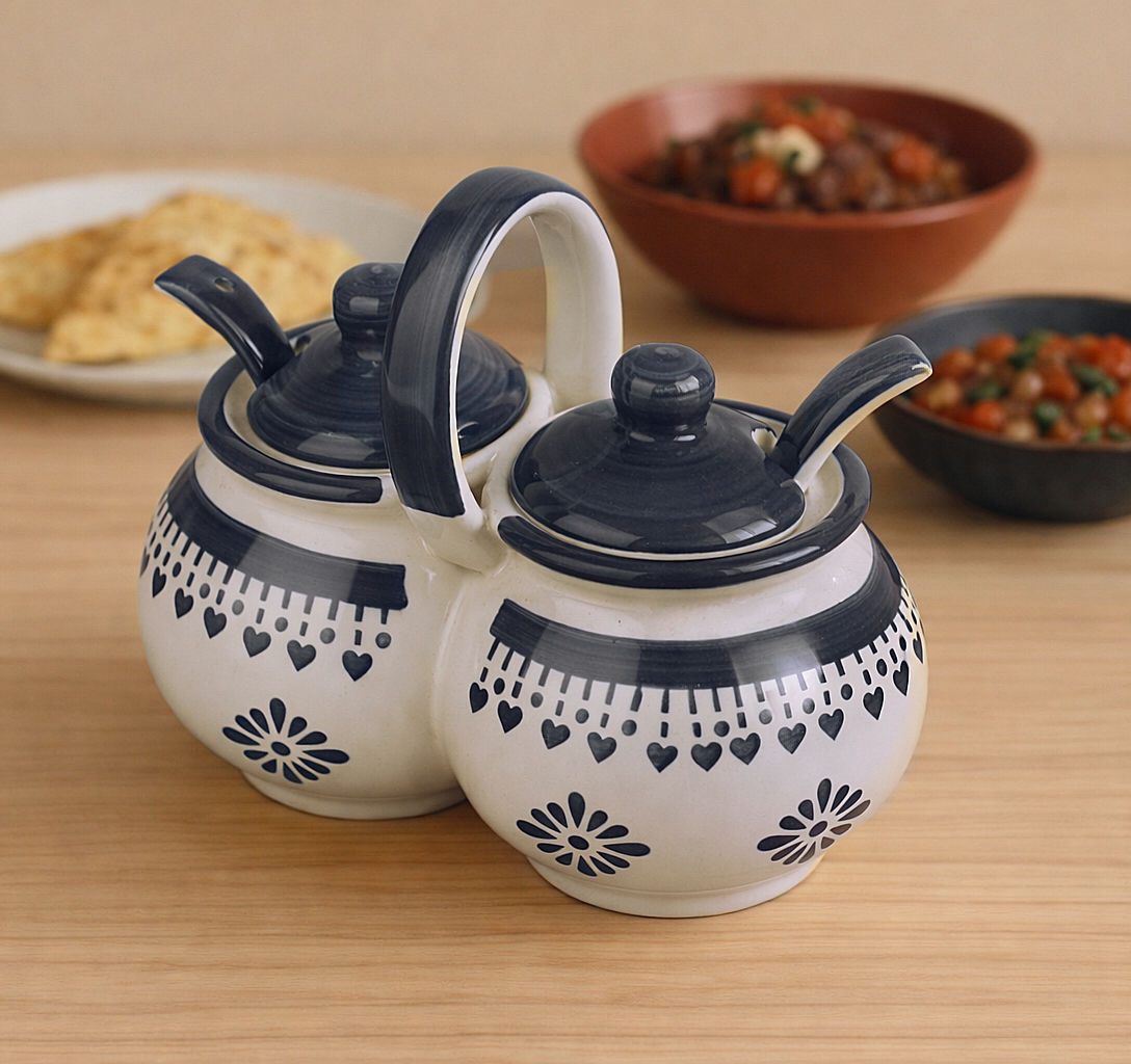 Hand Painted Rounded Ceramic Pickle Jar Set with Lid & Spoon (White & Grey ) - View 5