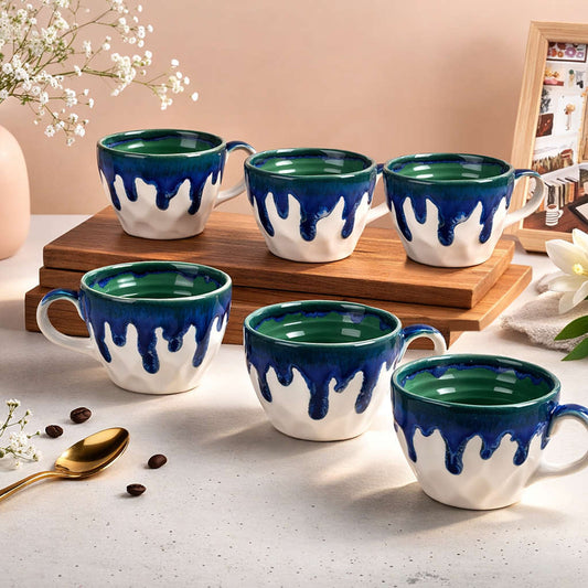 Studio Pottery Ceramic Coffee Mugs (200 ml, Set of 6, Blue & Green Reactive Glaze)