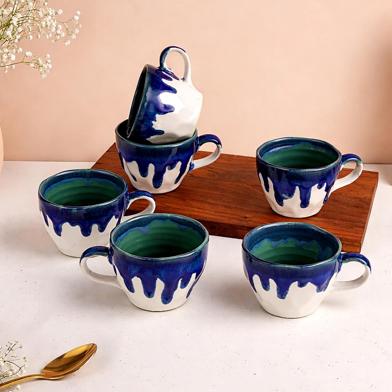 Studio Pottery Ceramic Coffee Mugs (200 ml, Set of 6, Blue & Green Reactive Glaze) - View 3