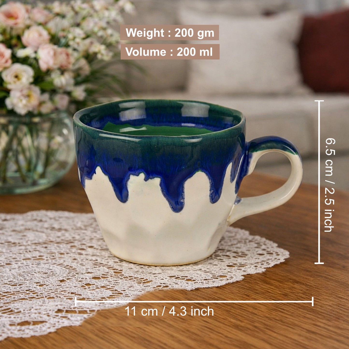 Studio Pottery Ceramic Coffee Mugs (200 ml, Set of 6, Blue & Green Reactive Glaze) - View 2