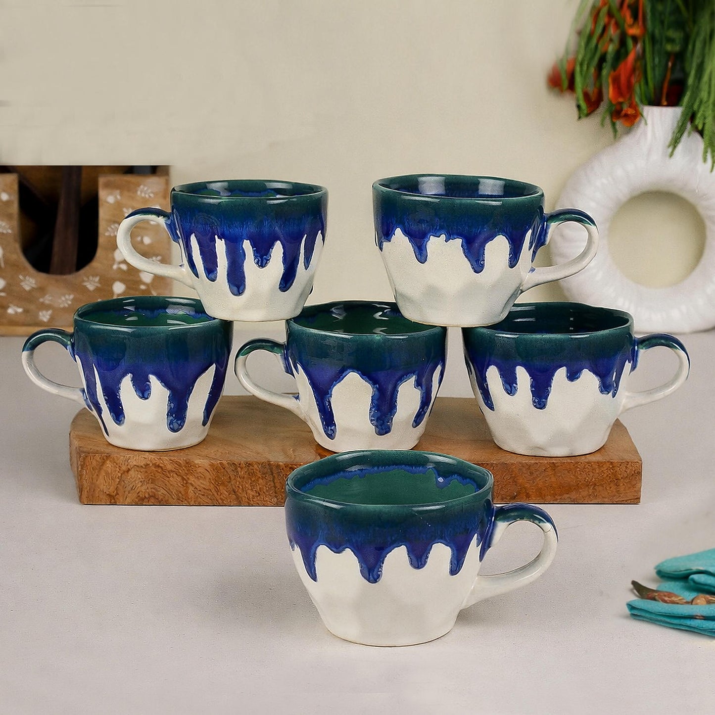 Studio Pottery Ceramic Coffee Mugs (200 ml, Set of 6, Blue & Green Reactive Glaze) - View 4