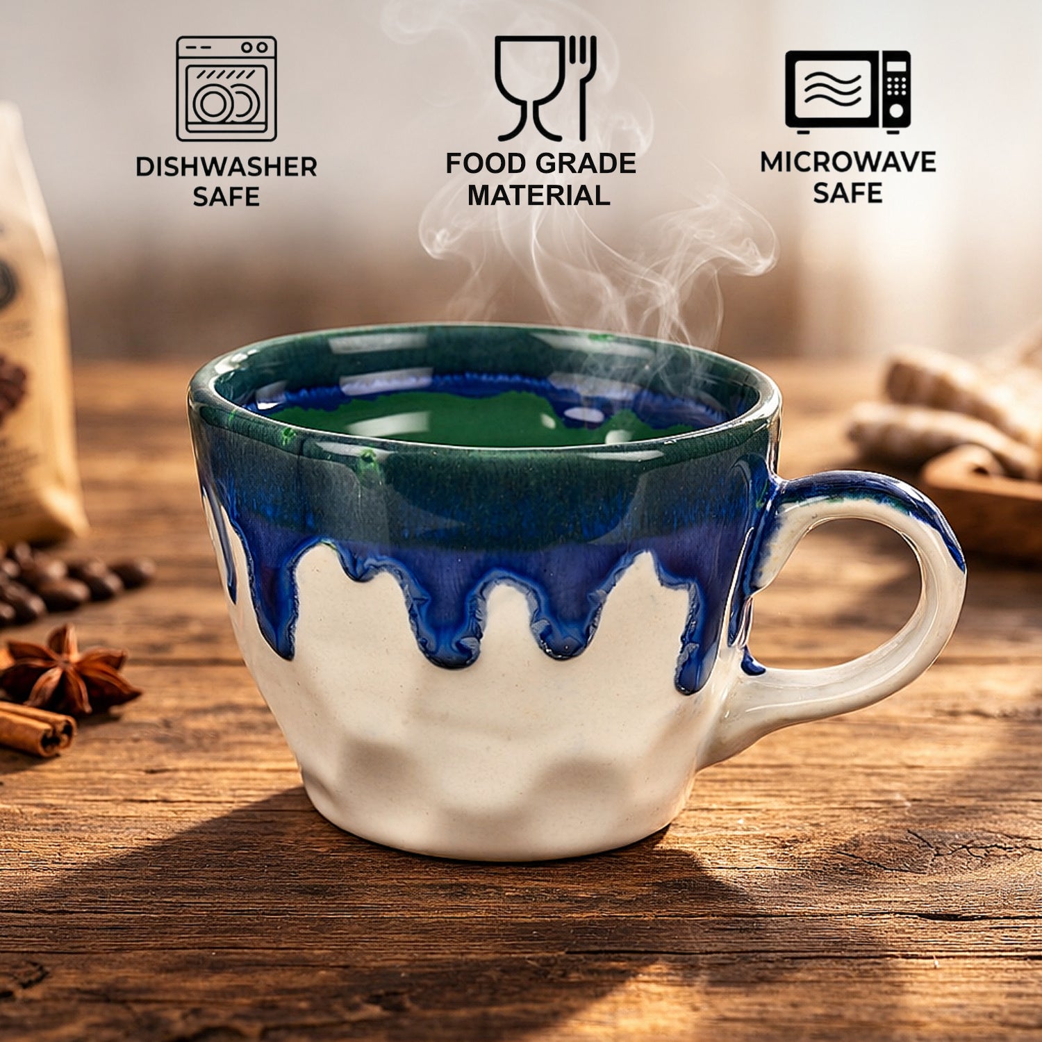 Studio Pottery Ceramic Coffee Mugs (200 ml, Set of 6, Blue & Green Reactive Glaze) - View 5