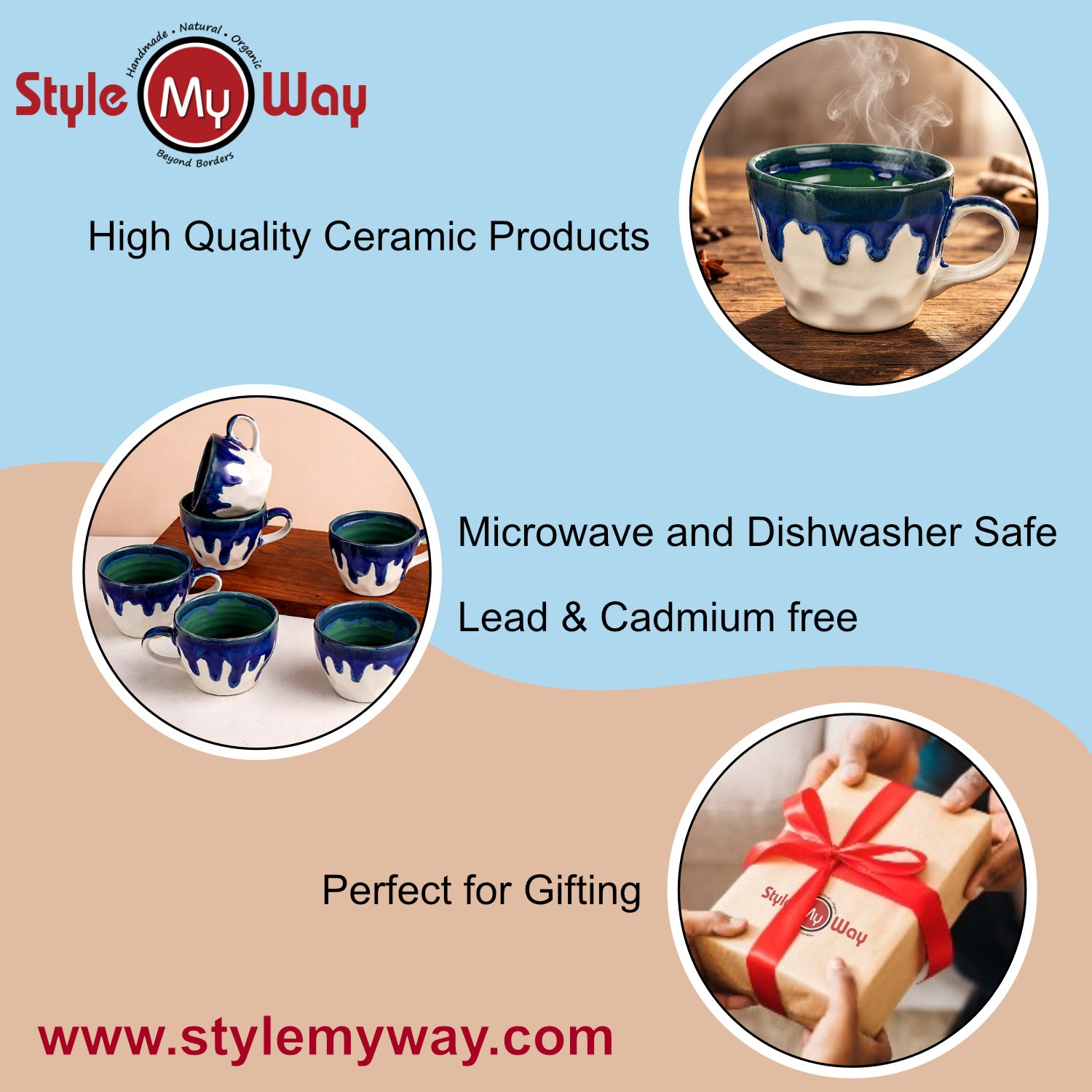 Studio Pottery Ceramic Coffee Mugs (200 ml, Set of 6, Blue & Green Reactive Glaze) - View 6