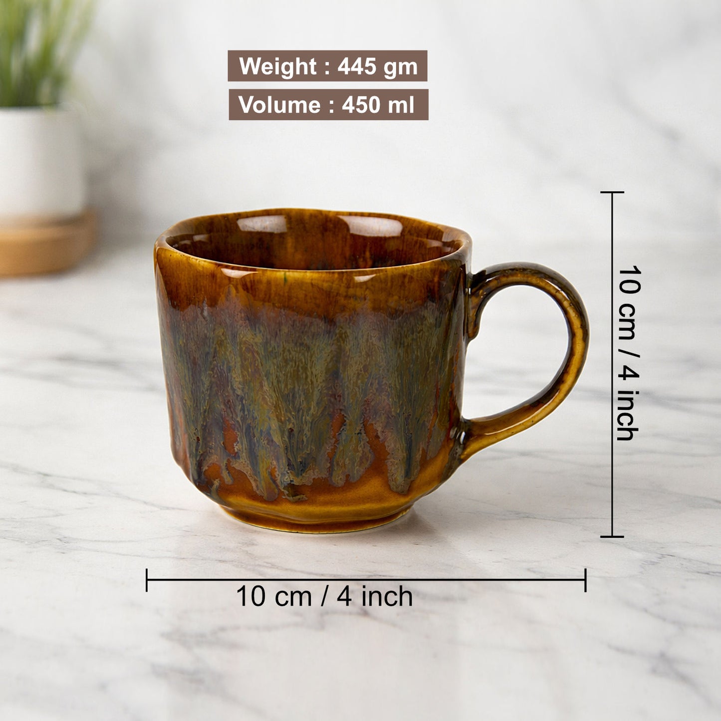 Studio Pottery Ceramic Bowl / Mug with Handle (450 ml , Brown Rustic Reactive Glaze) - View 2