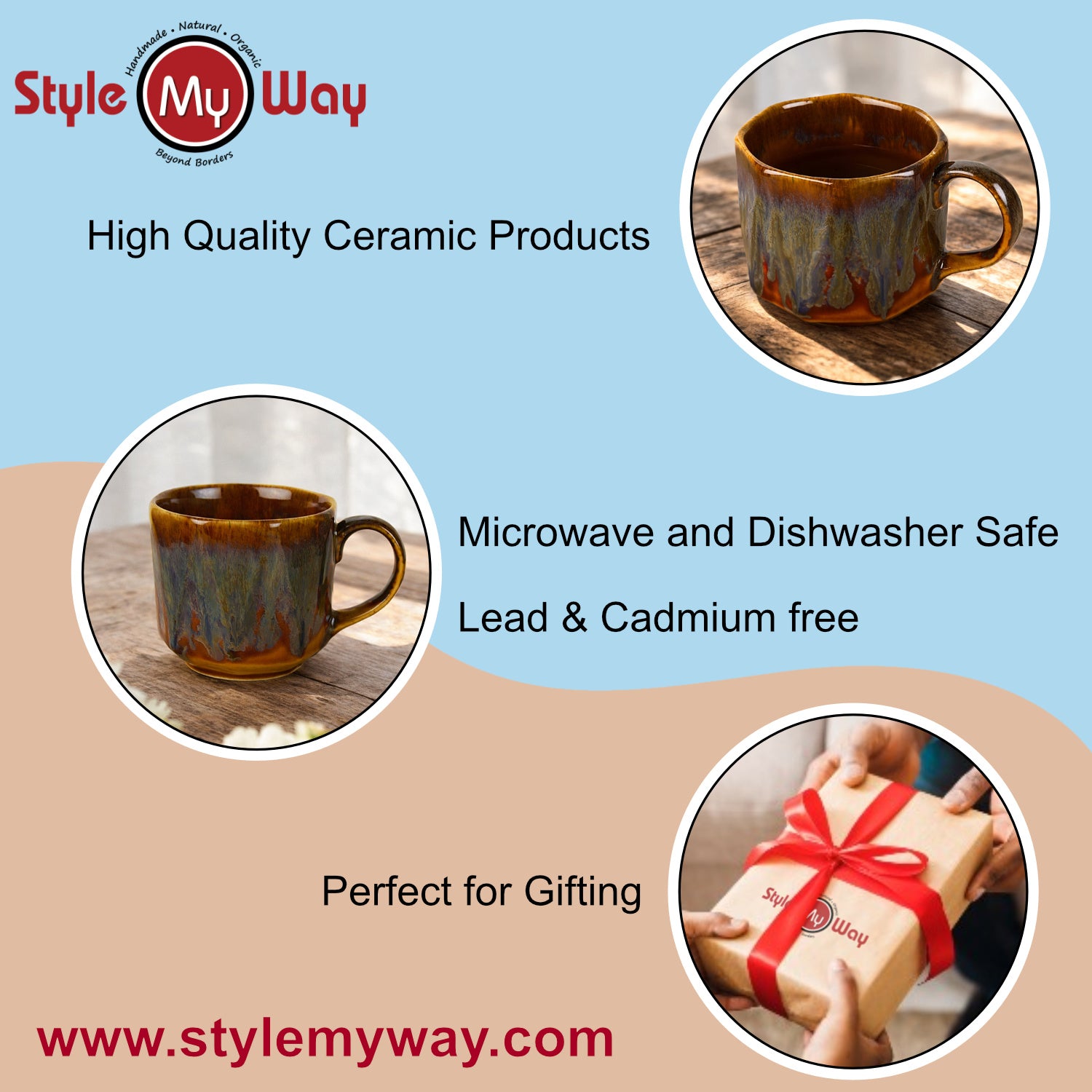 Studio Pottery Ceramic Bowl / Mug with Handle (450 ml , Brown Rustic Reactive Glaze) - View 5