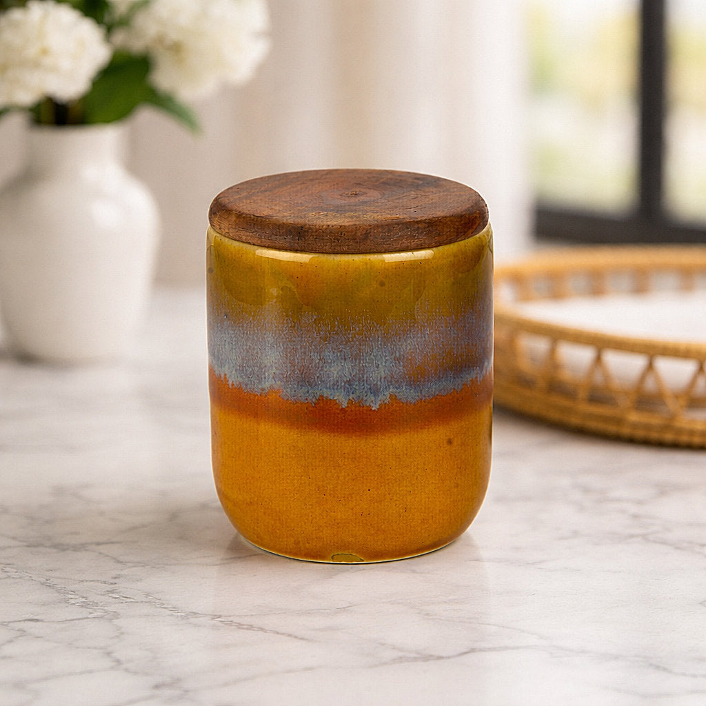 "Amber Earth" Multi Utility Storage Ceramic Airtight Jar with Sheesham Wooden Lid (150 ml, Mustard Rust & Blue Reactive Glaze )