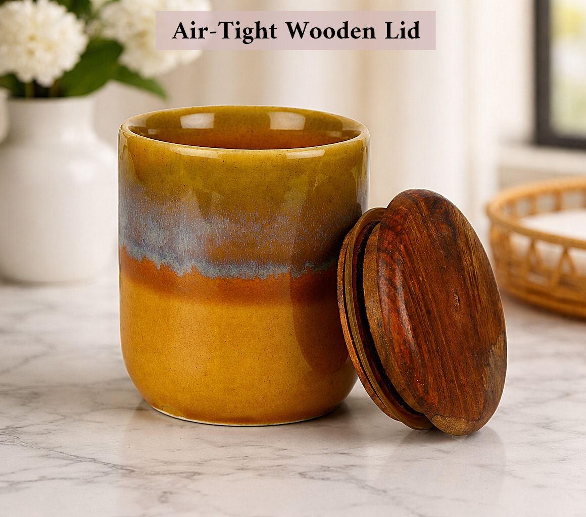 "Amber Earth" Multi Utility Storage Ceramic Airtight Jar with Sheesham Wooden Lid (150 ml, Mustard Rust & Blue Reactive Glaze ) - View 3