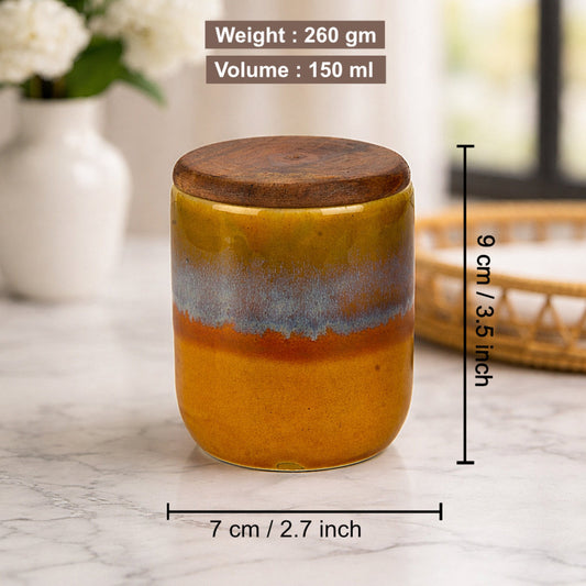 "Amber Earth" Multi Utility Storage Ceramic Airtight Jar with Sheesham Wooden Lid (150 ml, Mustard Rust & Blue Reactive Glaze ) - View 2