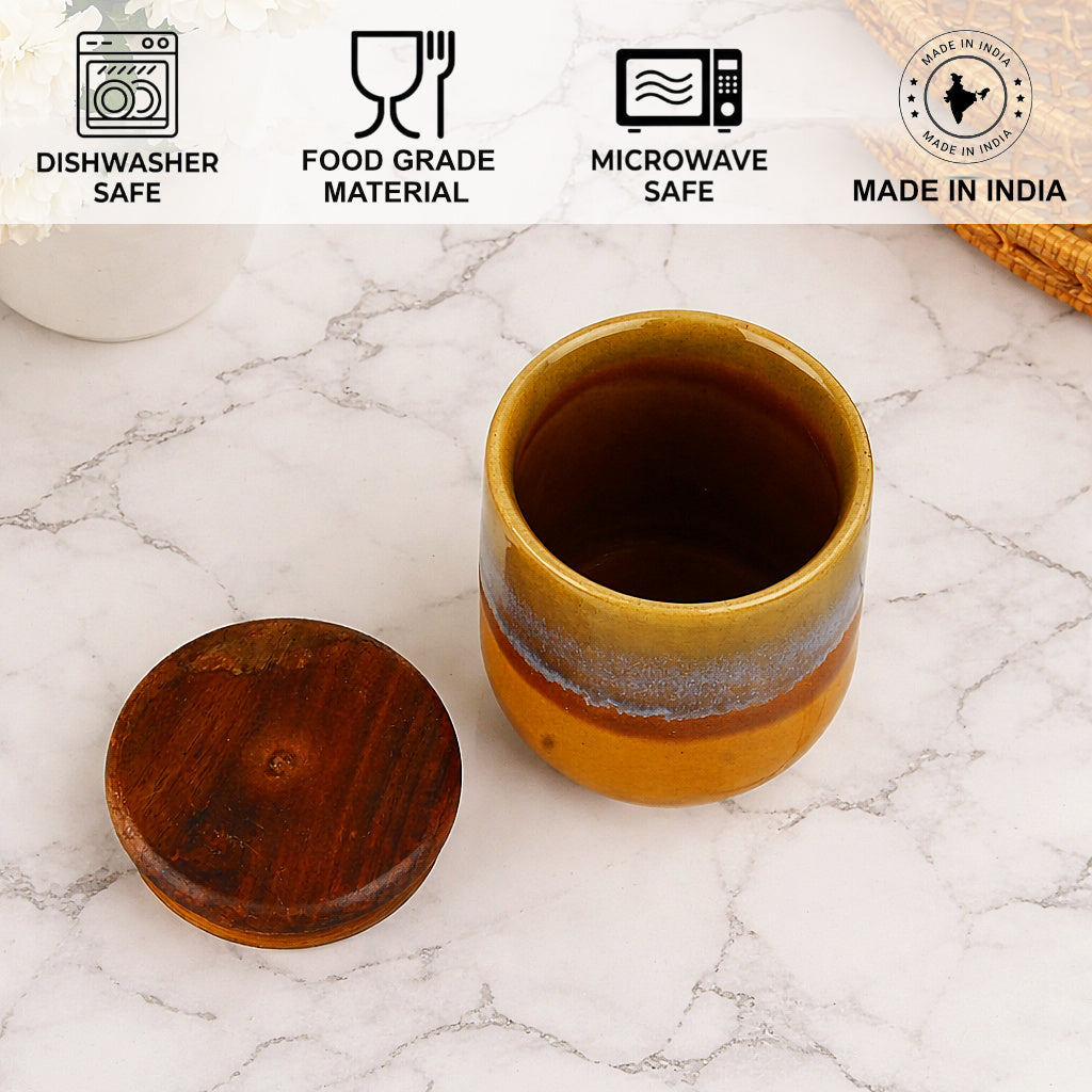 "Amber Earth" Multi Utility Storage Ceramic Airtight Jar with Sheesham Wooden Lid (150 ml, Mustard Rust & Blue Reactive Glaze ) - View 4