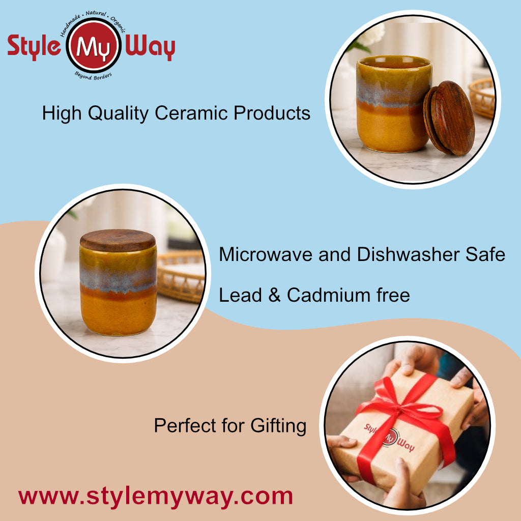 "Amber Earth" Multi Utility Storage Ceramic Airtight Jar with Sheesham Wooden Lid (150 ml, Mustard Rust & Blue Reactive Glaze ) - View 5