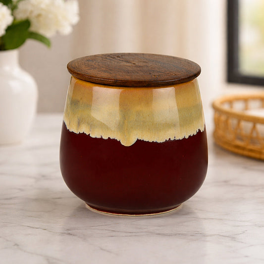 "Autumn Flame" Multi Utility Storage Ceramic Airtight Jar with Sheesham Wooden Lid (300 ml, Wine with Cream Drip Reactive Glaze)