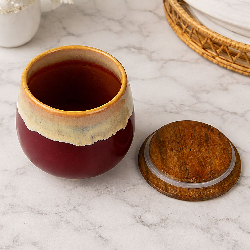 "Autumn Flame" Multi Utility Storage Ceramic Airtight Jar with Sheesham Wooden Lid (300 ml, Wine with Cream Drip Reactive Glaze) - View 3