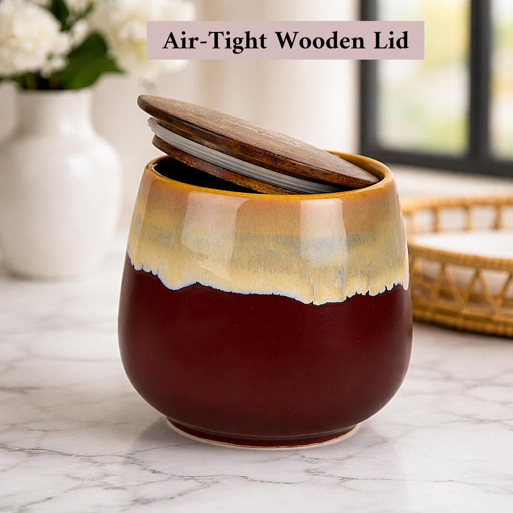 "Autumn Flame" Multi Utility Storage Ceramic Airtight Jar with Sheesham Wooden Lid (300 ml, Wine with Cream Drip Reactive Glaze) - View 4