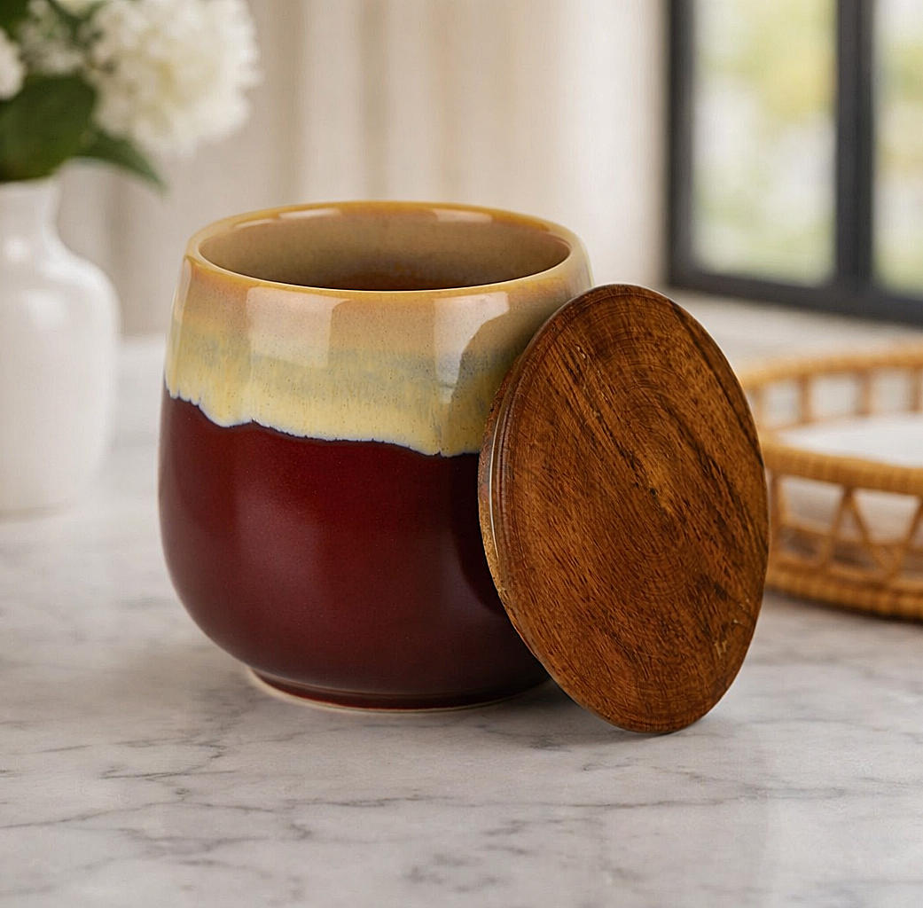 "Autumn Flame" Multi Utility Storage Ceramic Airtight Jar with Sheesham Wooden Lid (300 ml, Wine with Cream Drip Reactive Glaze) - View 5
