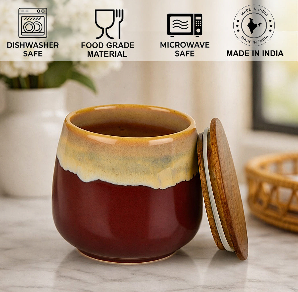 "Autumn Flame" Multi Utility Storage Ceramic Airtight Jar with Sheesham Wooden Lid (300 ml, Wine with Cream Drip Reactive Glaze) - View 6