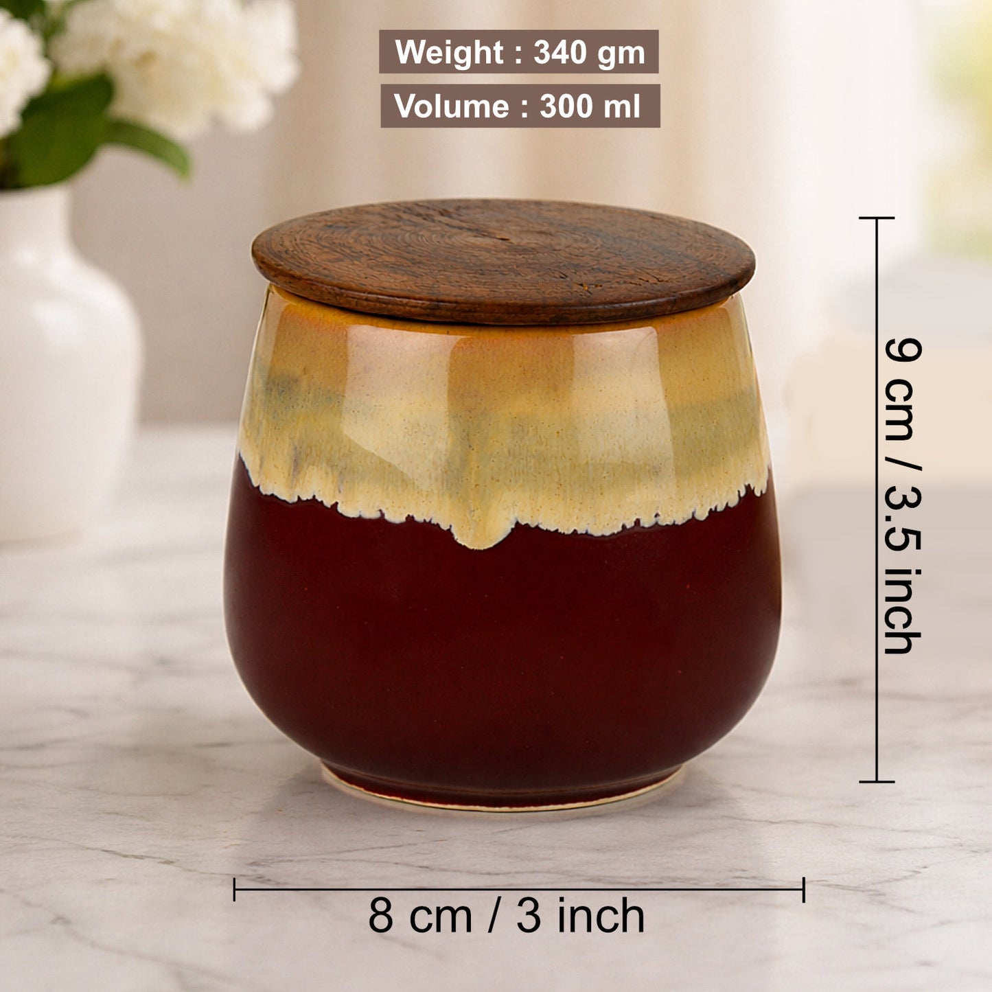 "Autumn Flame" Multi Utility Storage Ceramic Airtight Jar with Sheesham Wooden Lid (300 ml, Wine with Cream Drip Reactive Glaze) - View 2