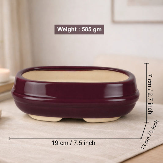 Ceramic Oval Bonsai Planter Pot (Maroon, L x B x H – 19 cm x 13 cm x 7 cm) - View 2